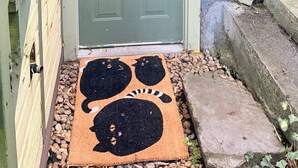 A green door with a peephole, a mailbox, and a doormat with a paw print design. - Cozy 3 bedroom suite in heart Kitsilano, close to kits beach & downtown (Vancouver)