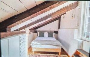 1 bedroom, desk, iron/ironing board, travel cot