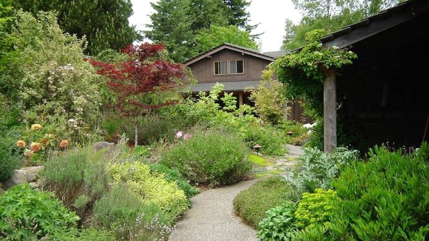 A garden pathway leading to a house with a garage.