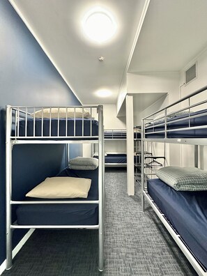 A bunk room with two bunk beds, a ceiling light, and a carpeted floor. - SpinCity Lodge Auckland (Auckland)