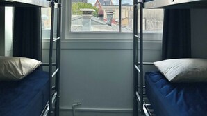 A dormitory room with bunk beds, a window with a view of buildings and a bridge, and a small window sill. - SpinCity Lodge Auckland (Auckland)