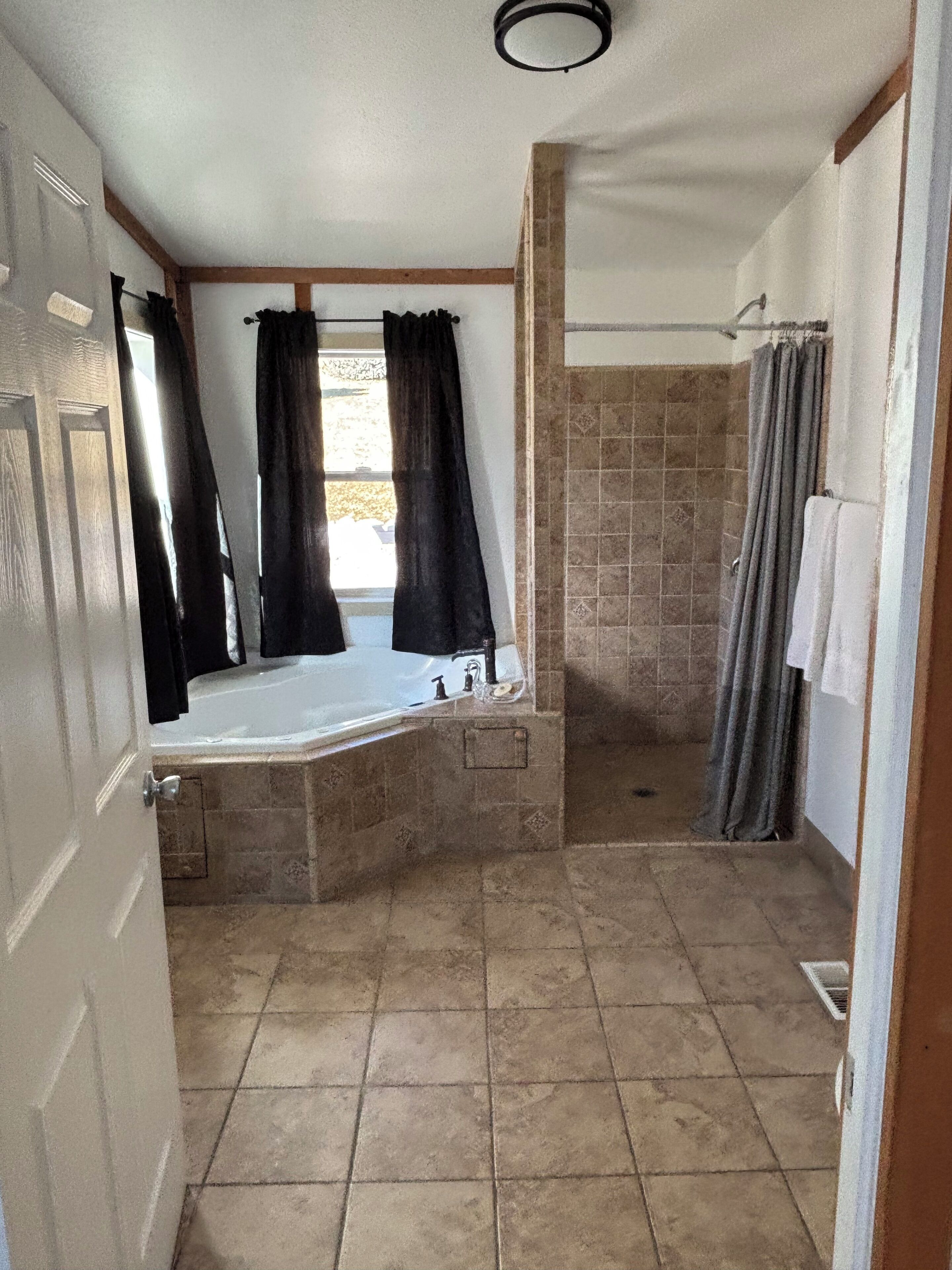 Regadera, tina de hidromasaje, secadora de cabello, toallas 