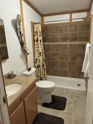 Douche, baignoire à remous, séchoir à cheveux, serviettes fournies