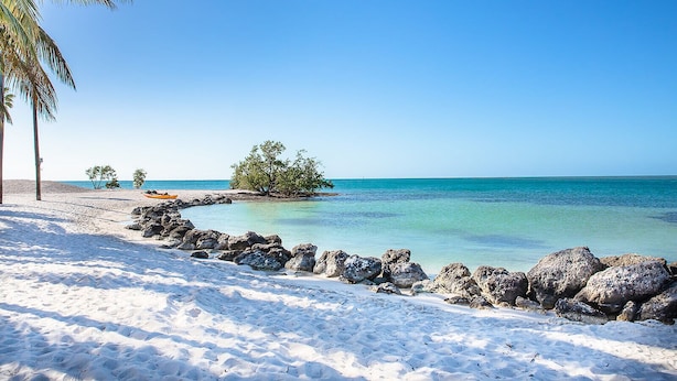 Una playa con agua turquesa cristalina, arena blanca y un promontorio rocoso con árboles.