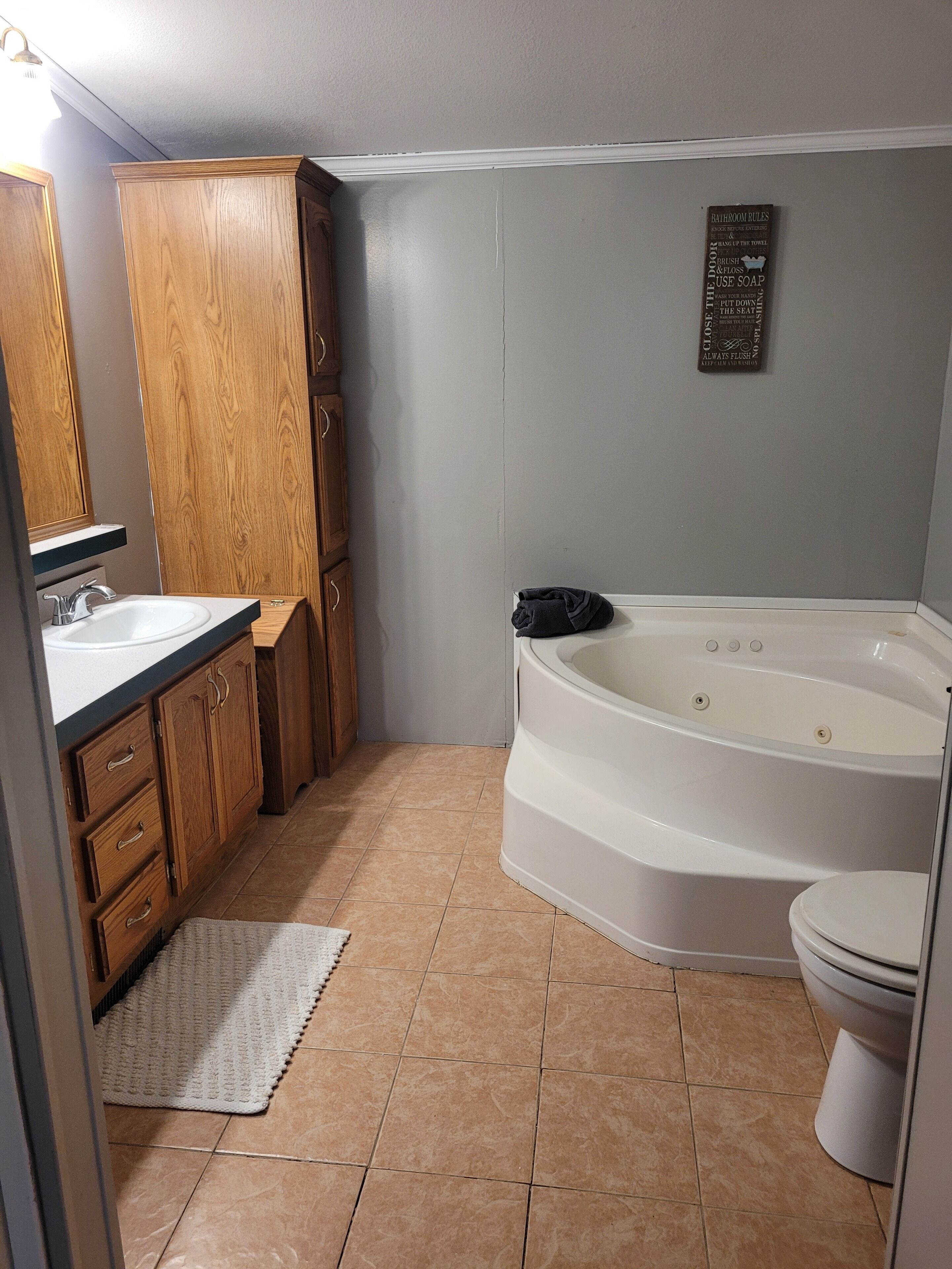 Shower, jetted bath, hair dryer, towels