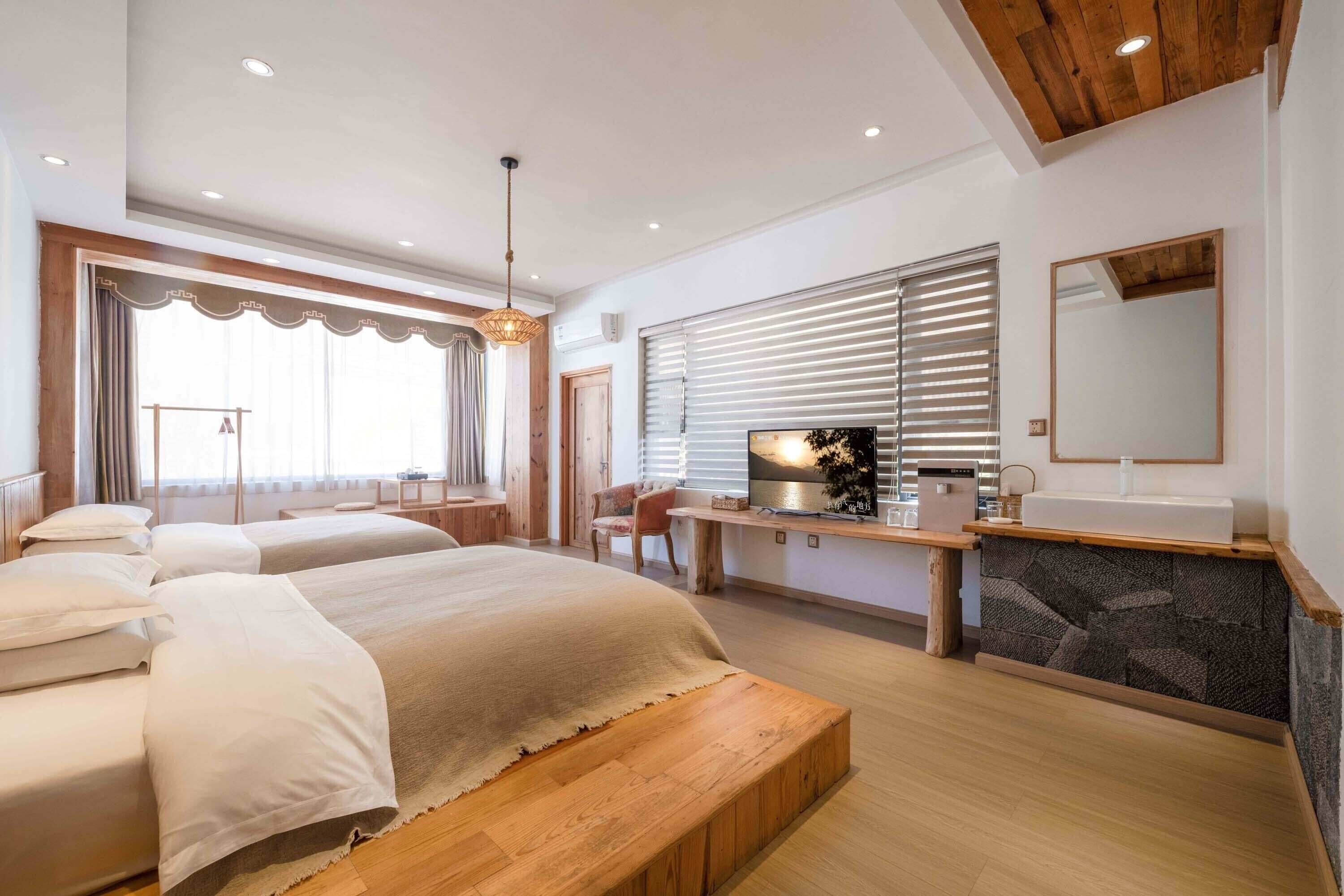 城市双床房, 露台, 庭院景观 | 特色装修、特色家居、办公桌、遮光窗帘