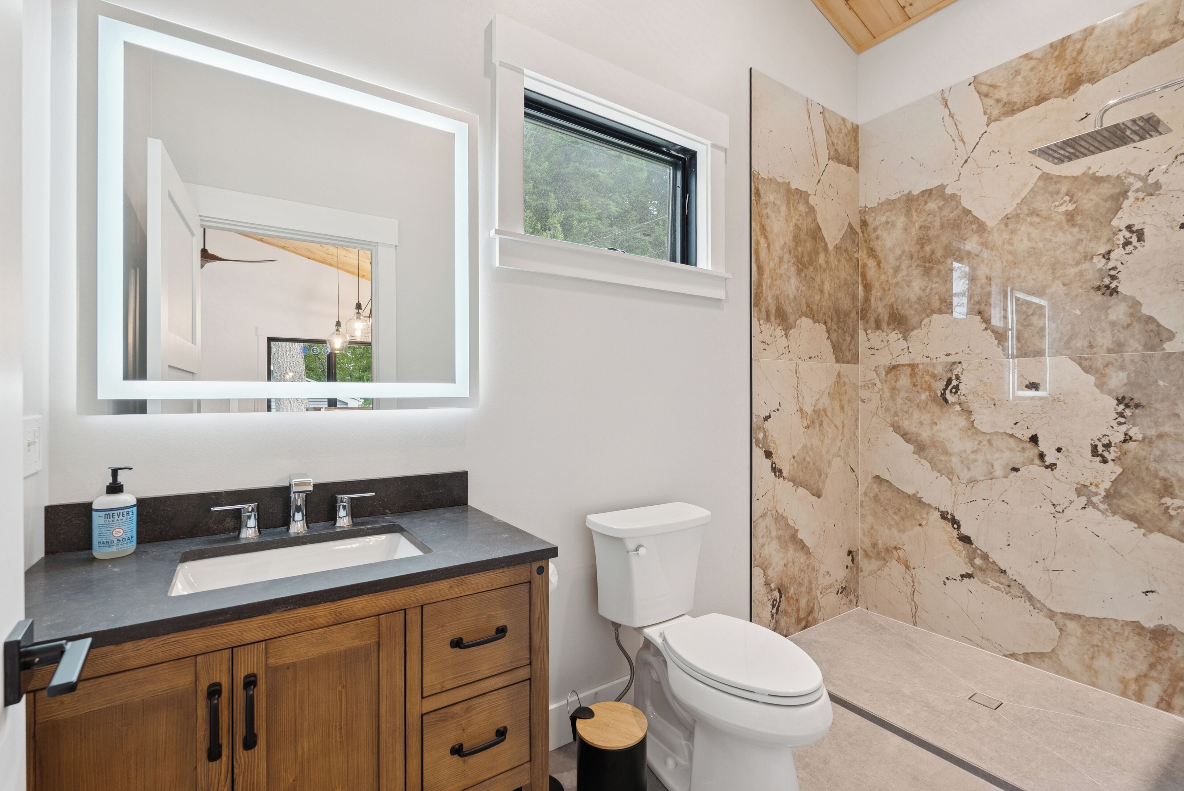 Hair dryer, towels, soap, toilet paper
