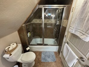 Hair dryer, towels, soap, toilet paper