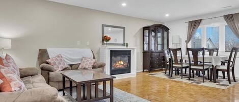 TV connectée, cheminée, livres