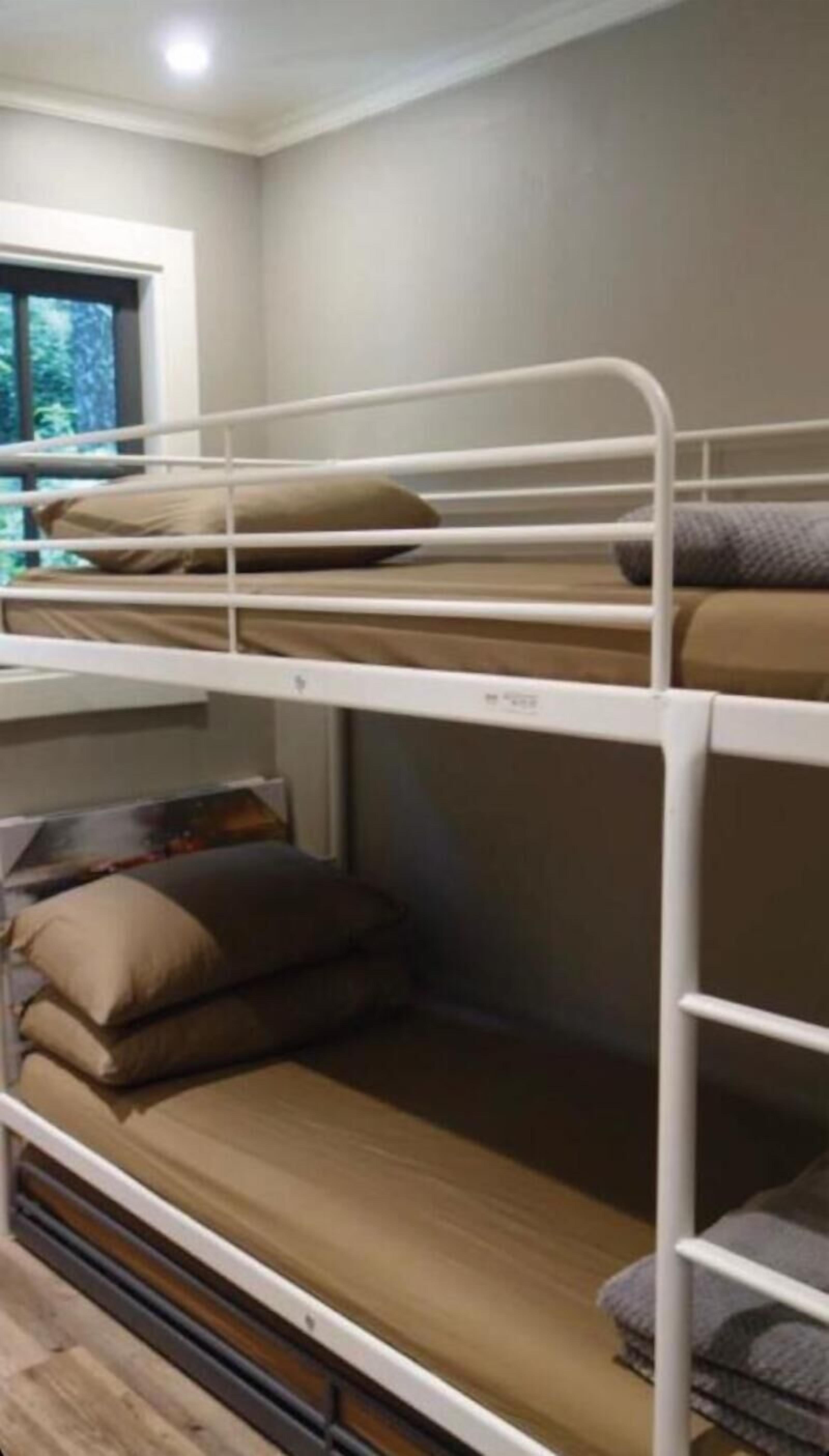 A bunk bed room with a window and a view of trees.