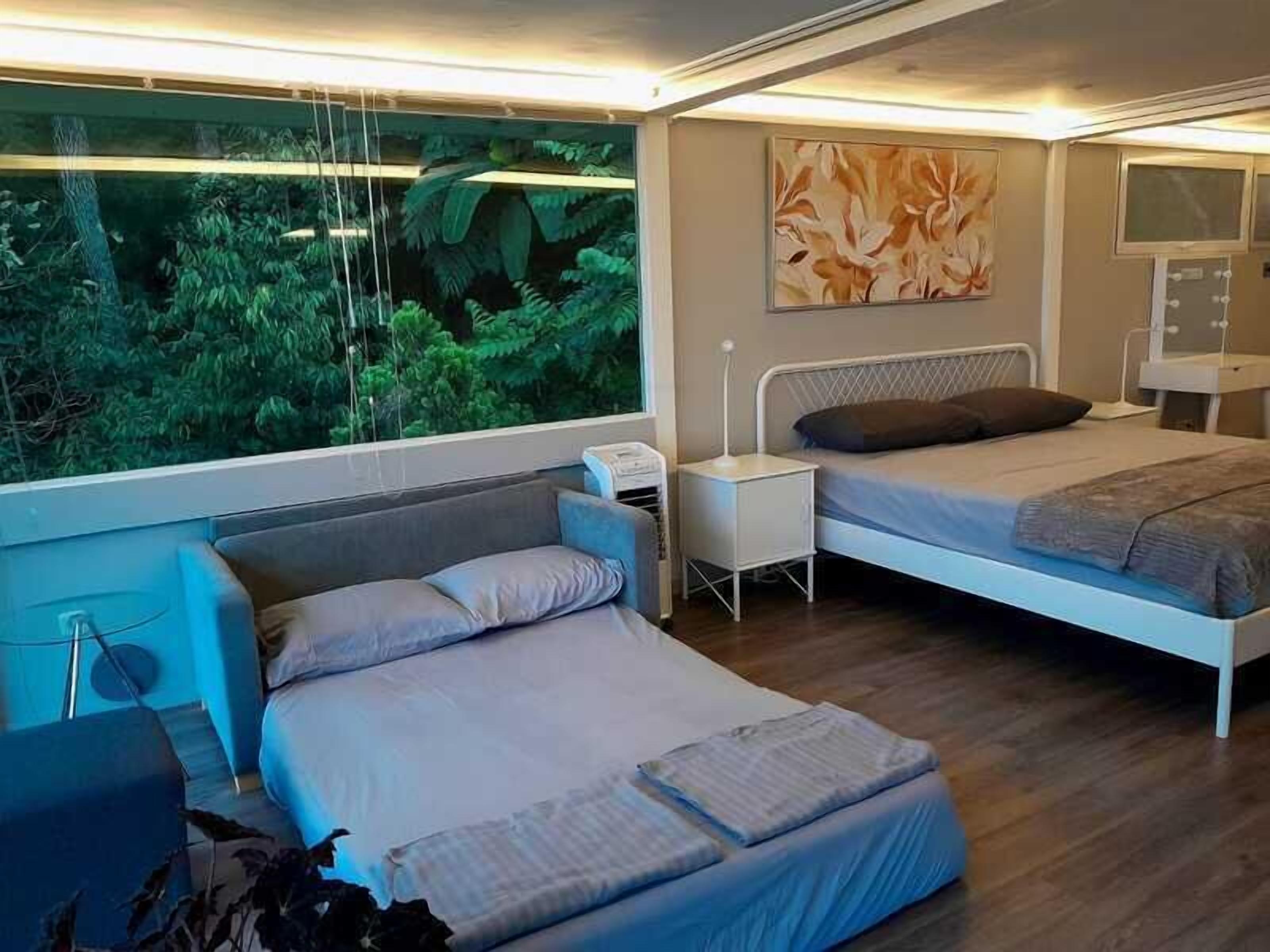 Une chambre moderne avec deux lits, une grande fenêtre donnant sur un paysage verdoyant, une table de chevet avec une lampe et un téléviseur fixé au mur.