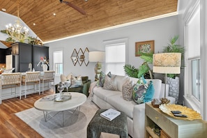 Smart TV, fireplace, books