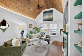 Smart TV, fireplace, books