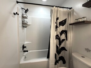 Hair dryer, towels, soap, toilet paper