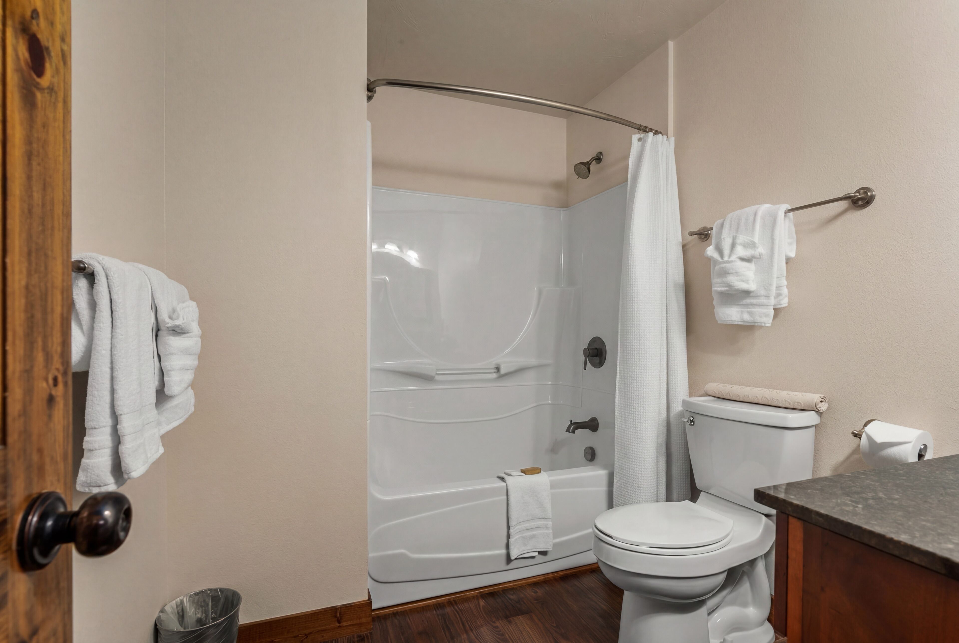 Baño con ducha, inodoro y barra para toallas.