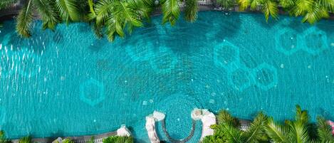 Outdoor pool, open 7:00 AM to 8:00 PM, sun loungers