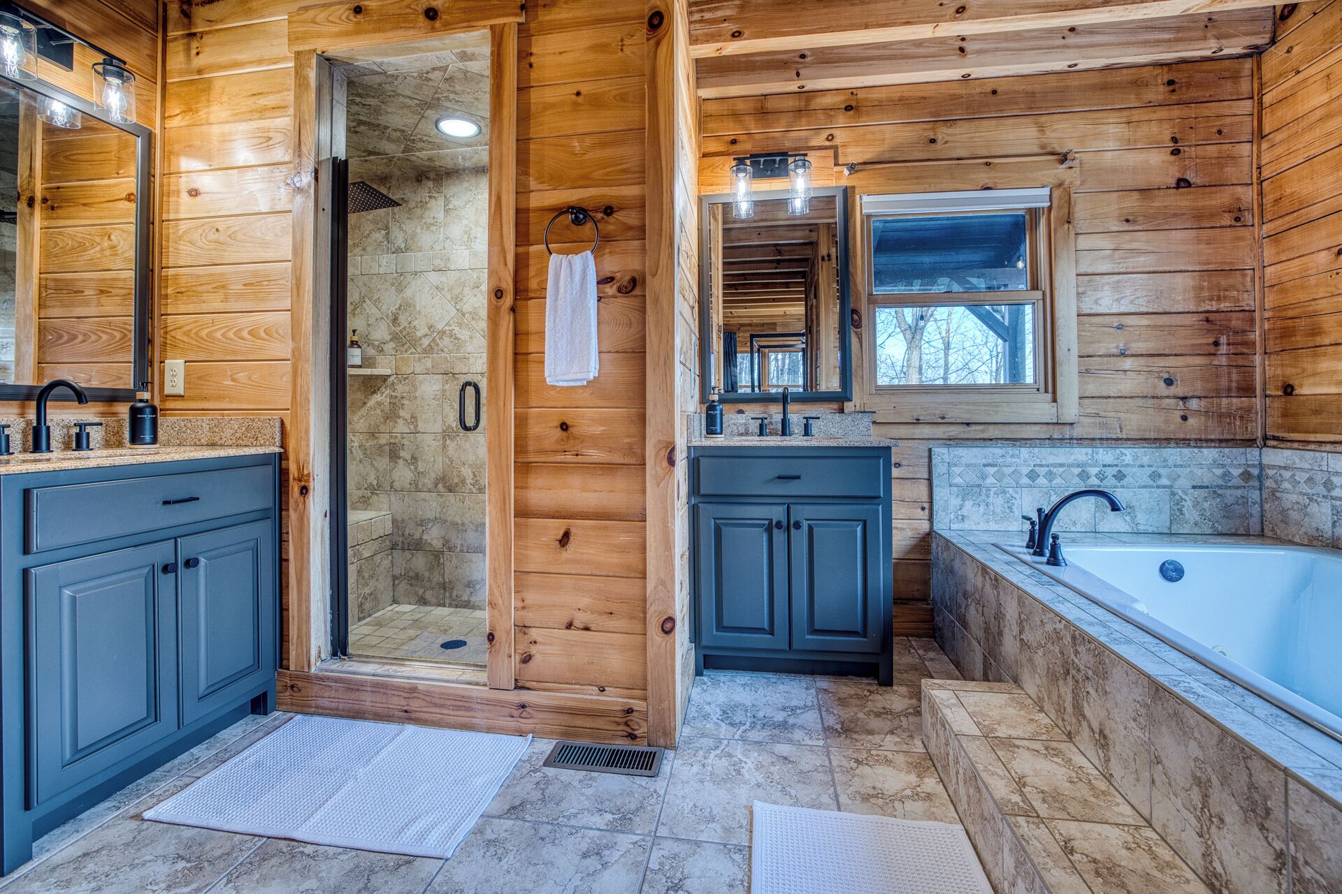 Jetted bath, hair dryer, towels, soap