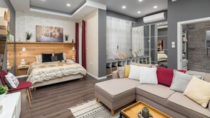 Un dormitorio moderno con cama, sofá, escritorio y armario.