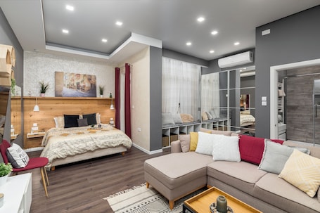 Apartamento, 1 cama Queen e sofá-cama, ar-condicionado | Cortinas blackout, ferros/tábuas de passar roupa, Wi-Fi de cortesia. Sliema Pearl Luxury Apartment