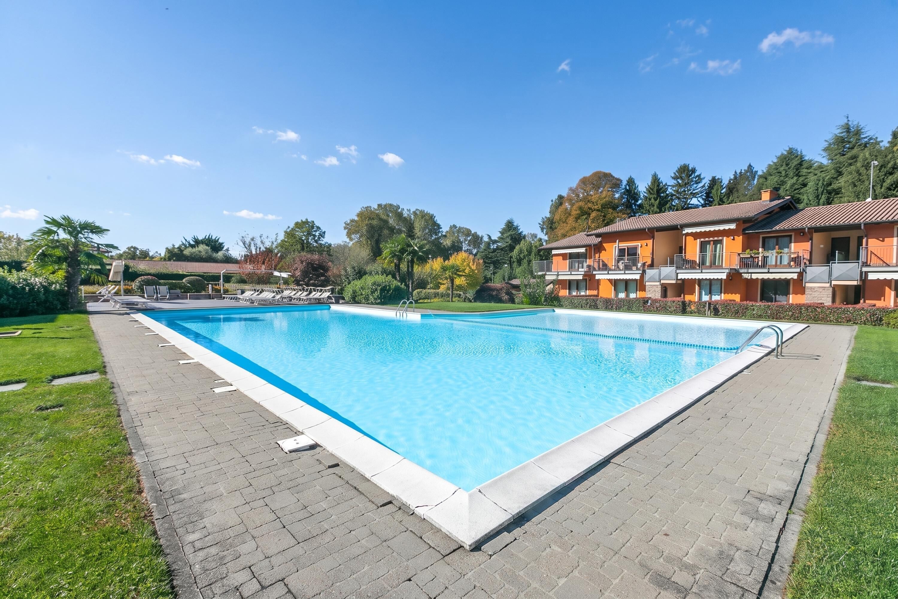 A rectangular swimming pool with clear blue water, surrounded by a paved walkway.