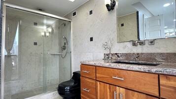 Shower, towels, toilet paper