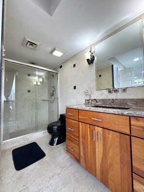 Shower, towels, toilet paper