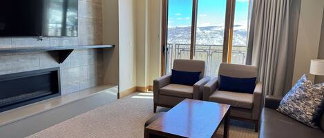 TV, fireplace, video games, foosball