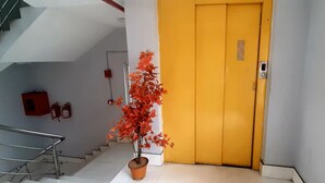 Eine Treppe führt zu einer gelben Tür, an der sich ein Rauchmelder und ein Blumentopf befinden.