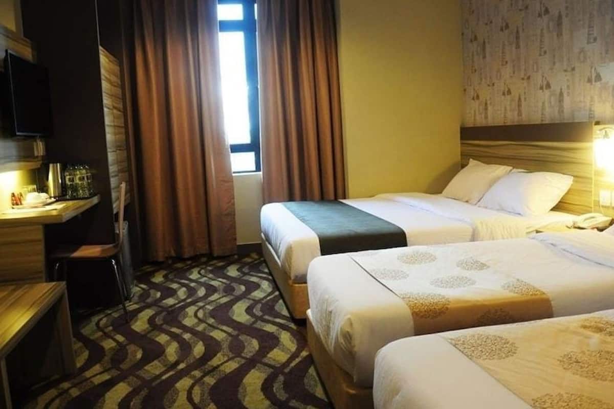 Habitación de hotel con dos camas, un escritorio, un televisor y una alfombra estampada.