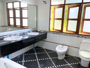 Habitación de lujo con 1 cama matrimonial o 2 individuales, vista al jardín | Baño | Secadora de cabello, pantuflas, toallas, jabón 