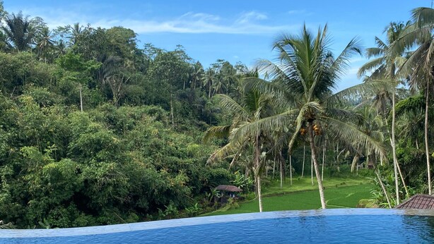 An infinity pool with a floating dining setup featuring a plate of food and a drink. - The Tirta Sari Villas (Tegallalang)