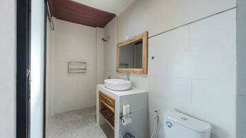 Une salle de bain avec un lavabo blanc, un meuble-lavabo en bois, un miroir, des toilettes et un espace douche.