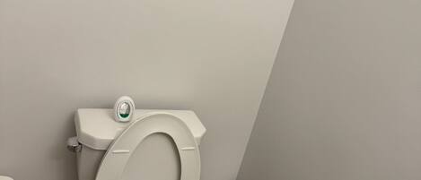 A white toilet with a closed lid, a toilet paper holder, and a trash can in a bathroom with a wooden floor.
