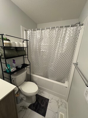 Hair dryer, towels, soap, shampoo