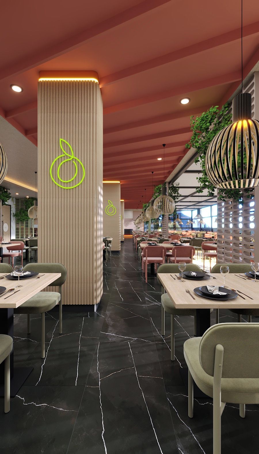 Interior modern d'un restaurant amb sostres alts, columnes estriades i un passadís central que condueix a la zona de dinar.
