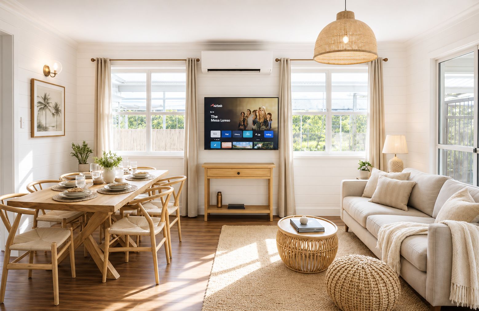 A modern living room with a dining area, a sofa, a TV, and large windows.