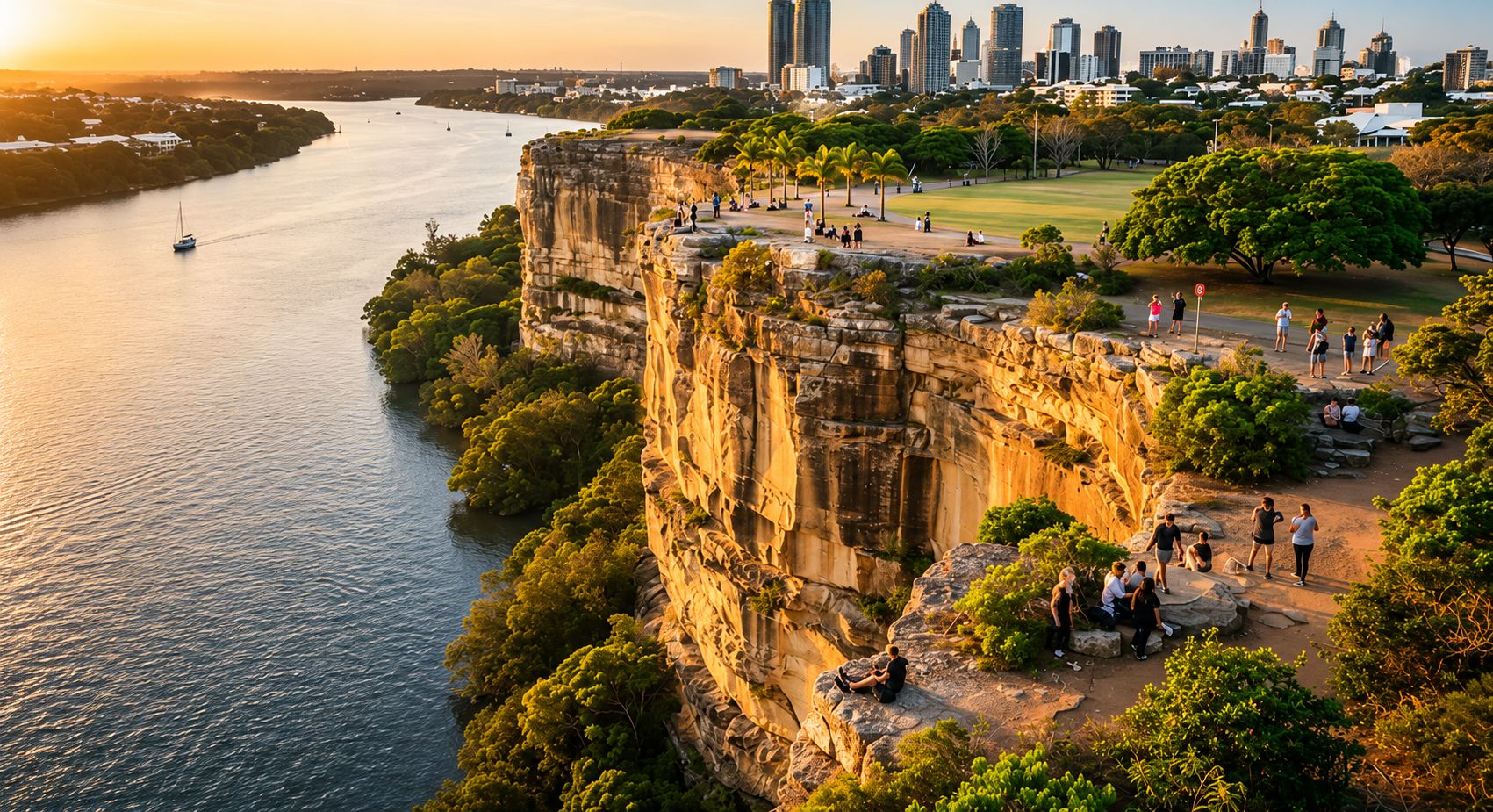 Eine Klippe mit Blick auf einen Fluss und einer Stadtansicht im Hintergrund.
