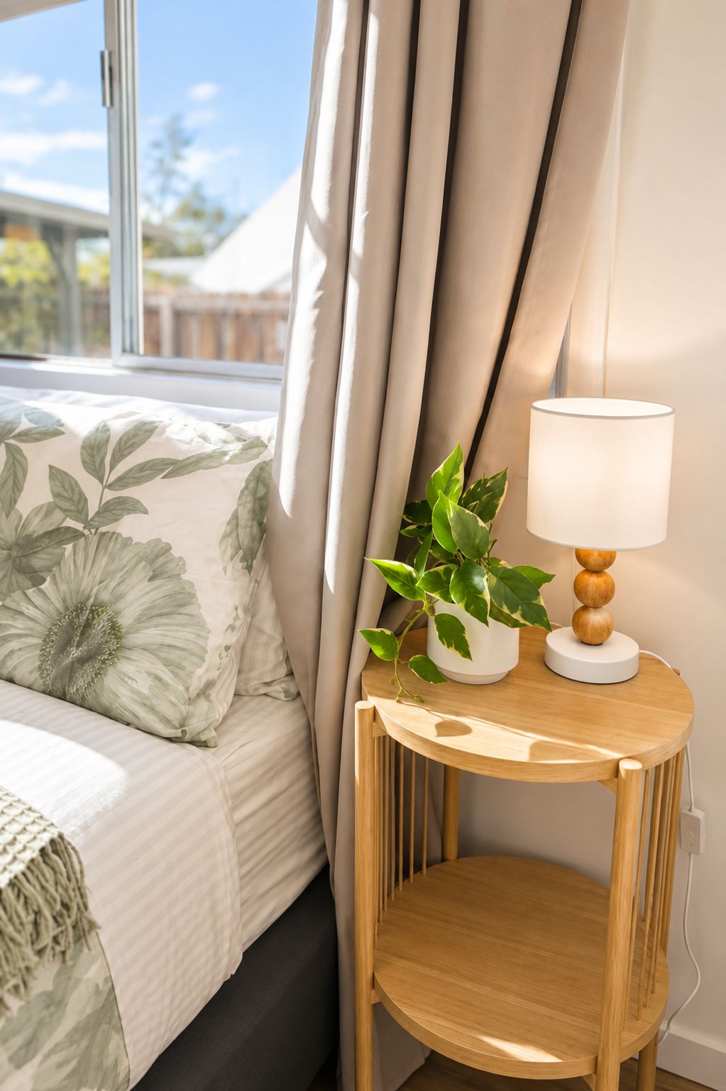 A bedroom with a bed, curtains, a bedside table with a lamp, and a potted plant.