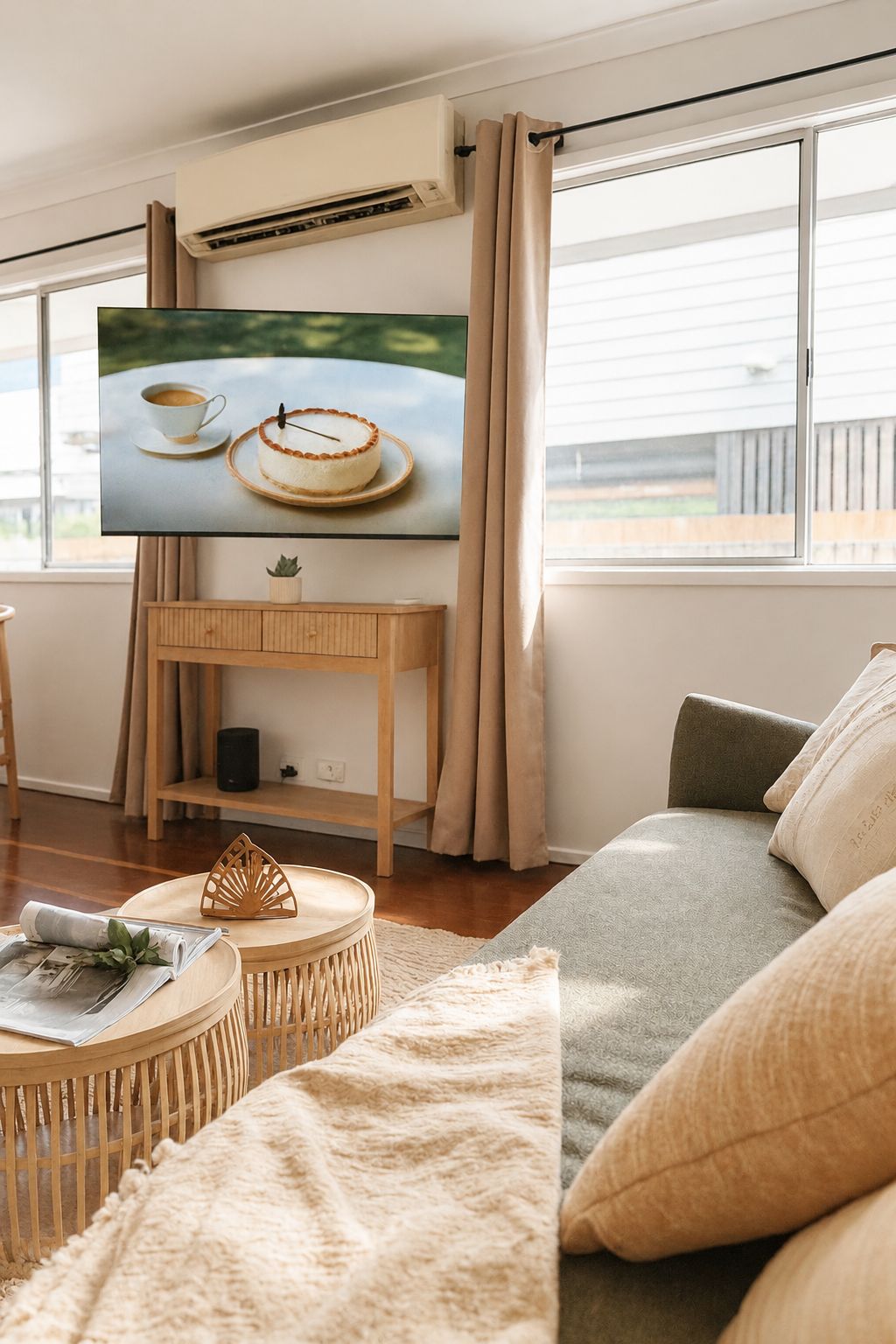 A living room with a TV, a sofa, a coffee table, and a window with curtains.