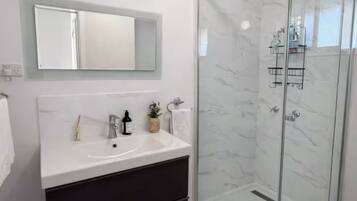 Shower, hair dryer, bidet, towels