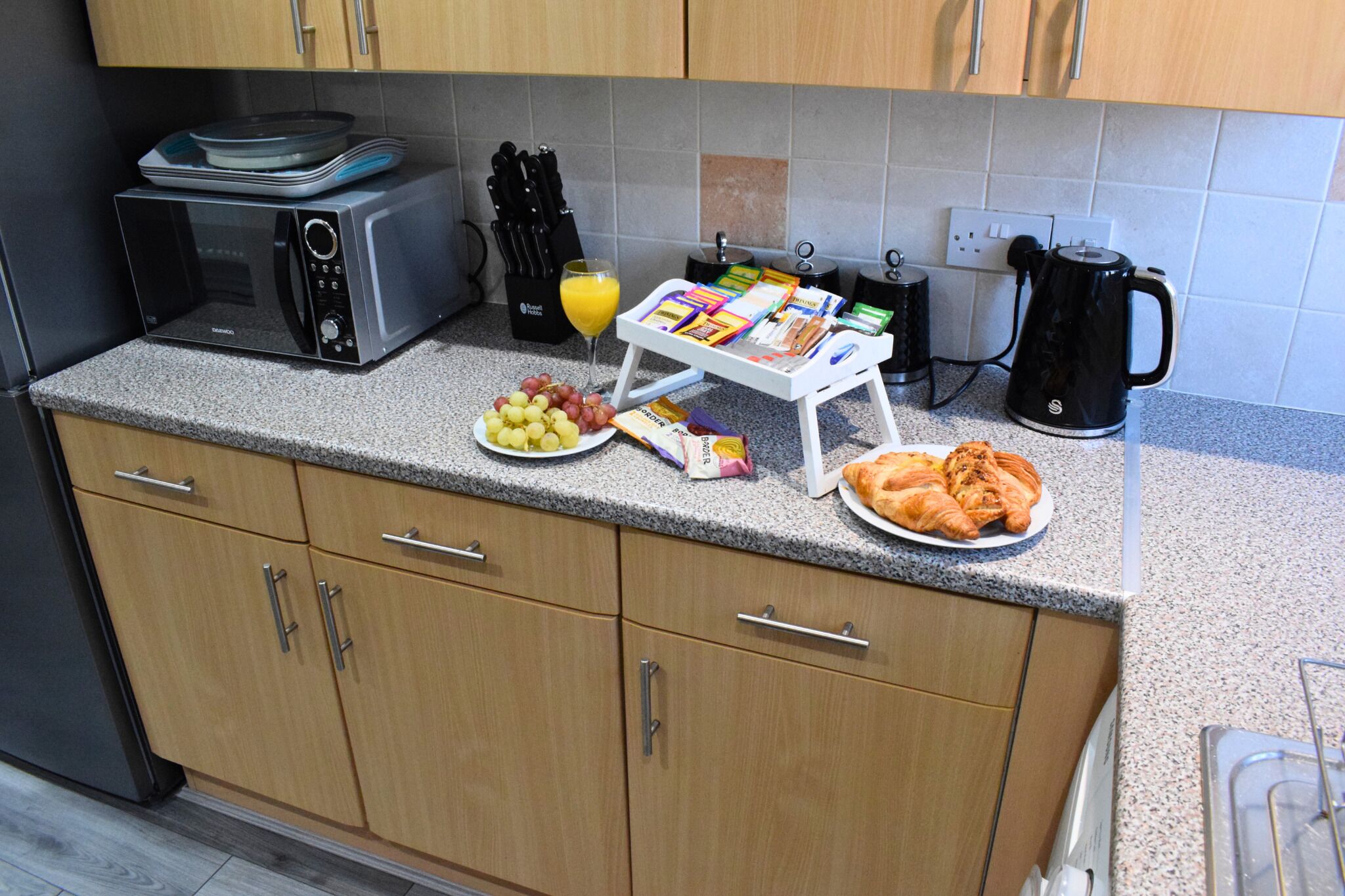 Microwave, oven, electric kettle, toaster