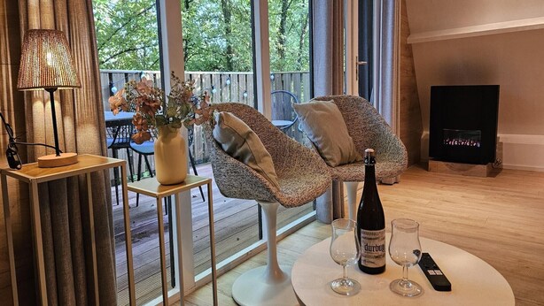 A modern living room with a large window, a fireplace, a sofa, a table with a bottle of wine, and a lamp. - Comfortable Chalet near Durbuy Center (Durbuy)