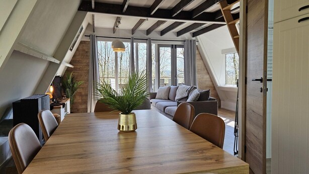 Ein Essbereich mit Holztisch, Stühlen, einer Zimmerpflanze und einer Couch mit Kissen.