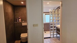 Casa de banho com sanita, chuveiro e divisória de vidro com detalhes decorativos.