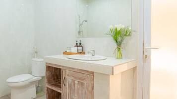 Shower, free toiletries, towels, soap