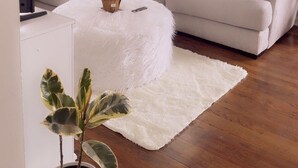 Una sala de estar con un sofá, un otoman blanco y una planta en maceta.