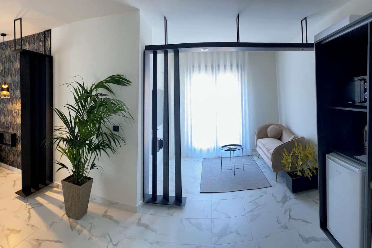 Una sala de estar moderna con un sofá, una mesa de centro y una planta en maceta.