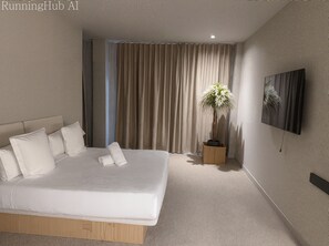Een moderne hotelkamer met een groot bed, een potplant, een flatscreen televisie en een groot raam met gordijnen.