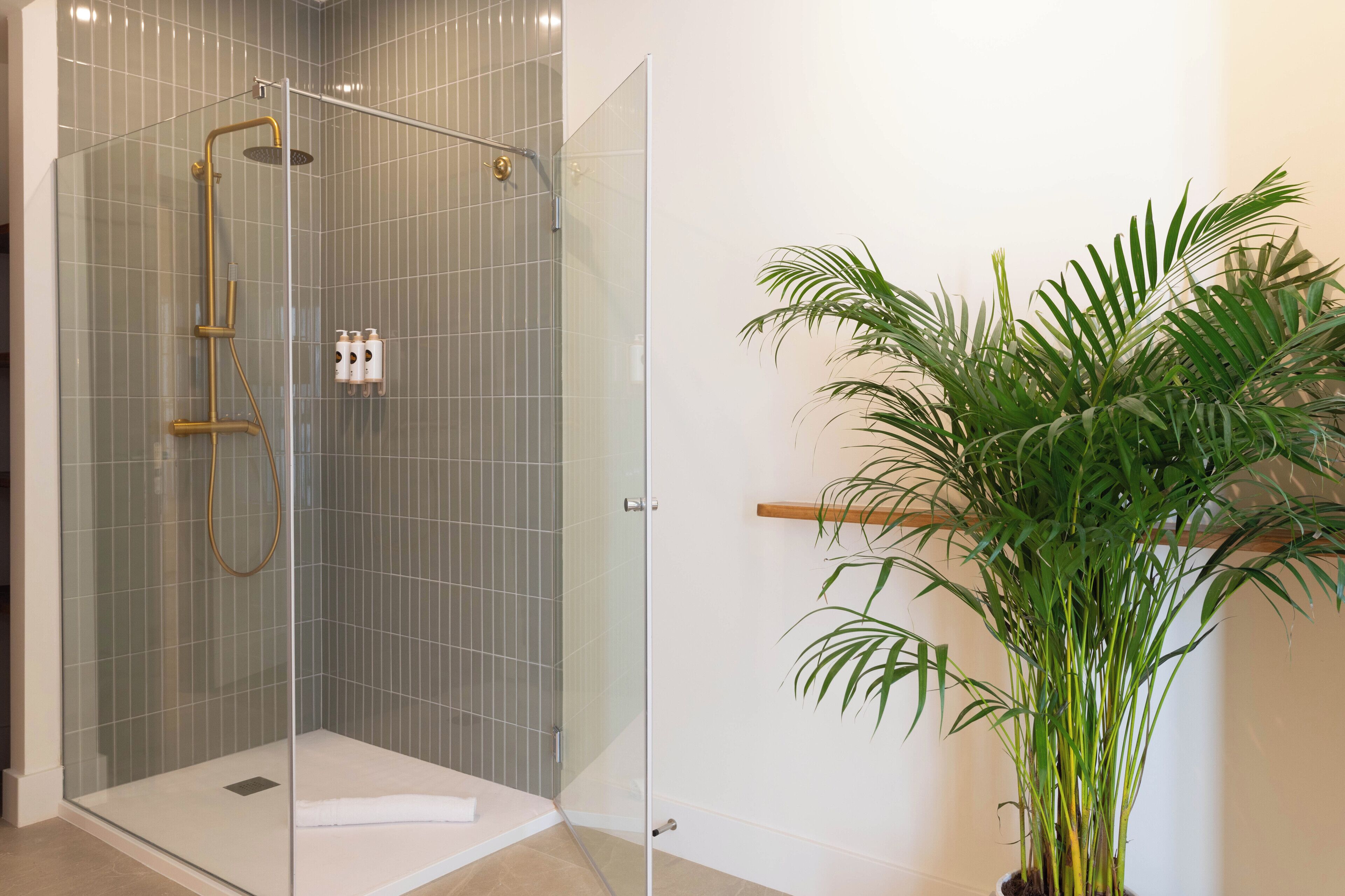 Une douche en verre avec un pommeau de douche doré et un panneau de commande, une serviette blanche sur le sol et une plante en pot sur la droite.