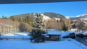 A snowy landscape with a building, parked cars, and a tree in the foreground. - Studio rental at the foot of the slopes (Megève)